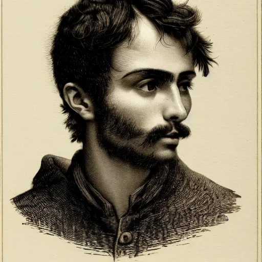 Prompt: A beautiful 19th century wood-engraving of a young Spanish man, by Édouard Riou Jules Férat and Henri de Montaut, highly detailed, fine Art, high detail, great lighting, 8k resolution, masterpiece, concept art, illustration, clear eyes, HDR, trending on artstation, 4k, 8k, HD