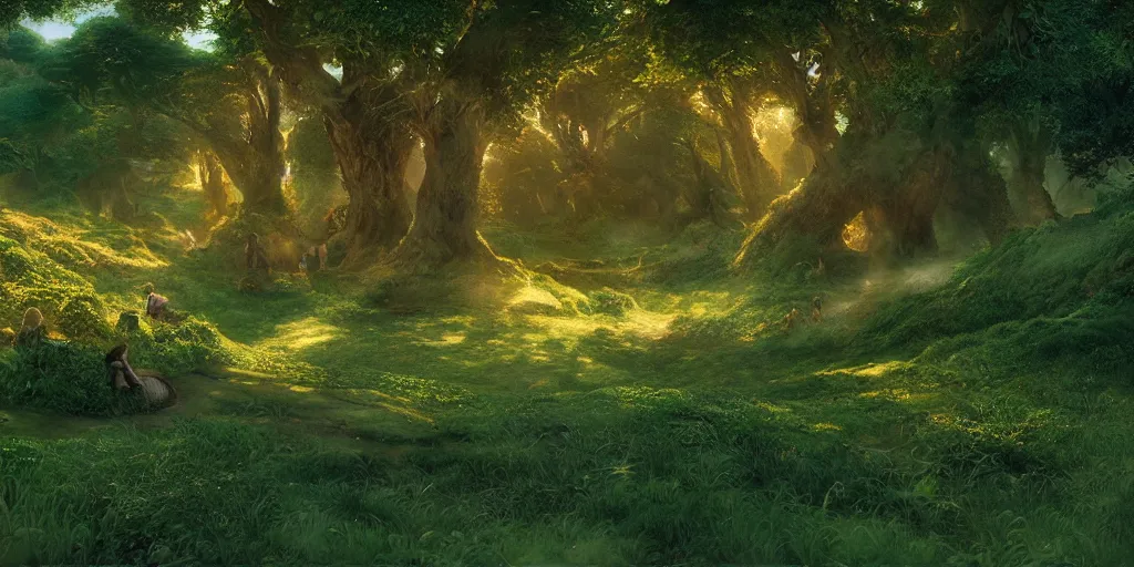 Image similar to lush and beautiful concept art for the shire, lord of the rings, peter jackson, studio ghibli, detailed, realistic lighting, volumetric lighting, golden hour,