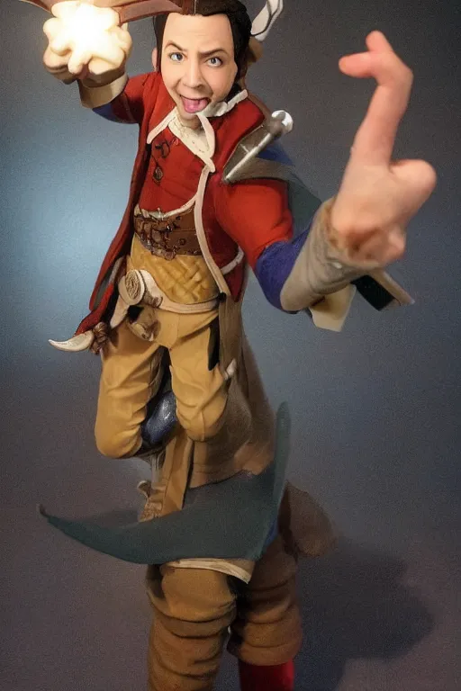 Image similar to Sam Riegel as Scanlan Shorthalt from Vox Machina, Halfling Bard, realistic cinematic shot, flipping you off using Bigby's Hand, subtle fog and mood lighting