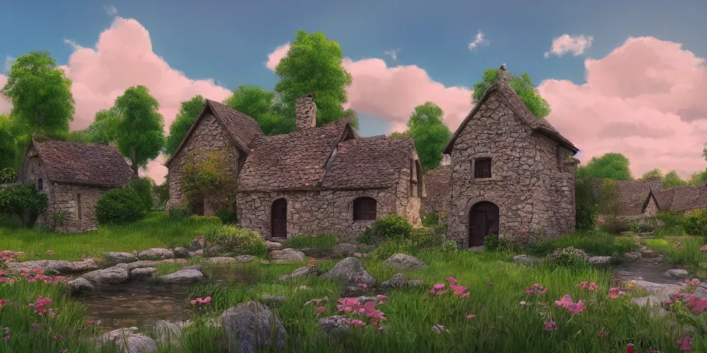 Prompt: a serene landscape with a small medieval stone house near a river in the style of Pixar, anime style, low saturation, high quality, highly detailed, 4k, complementary colours, cartoon