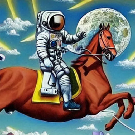 Image similar to the horse sat on the astronaut's head, on his back, style surrealism