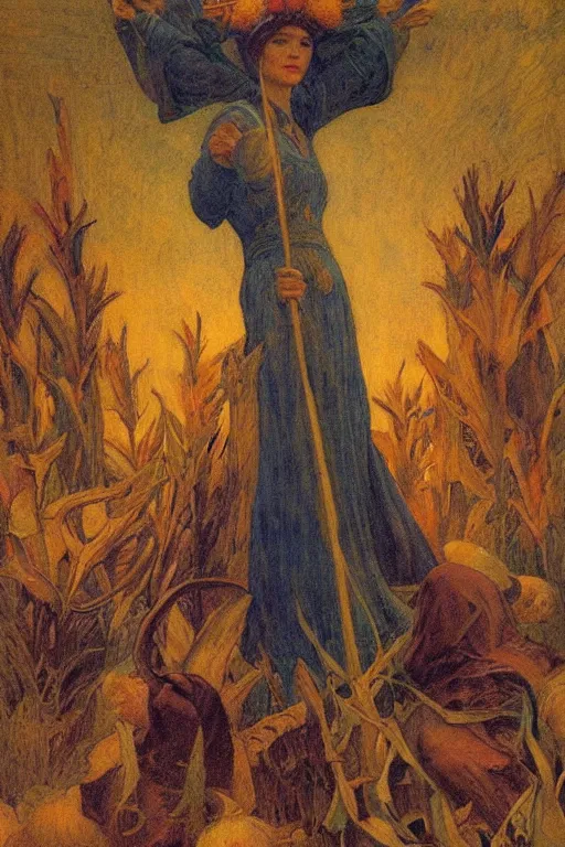 Prompt: queen of the harvest with her bounty by Annie Swynnerton and Nicholas Roerich and jean delville, strong dramatic cinematic lighting , ornate headdress , flowing robes, lost civilizations, smooth, sharp focus, extremely detailed