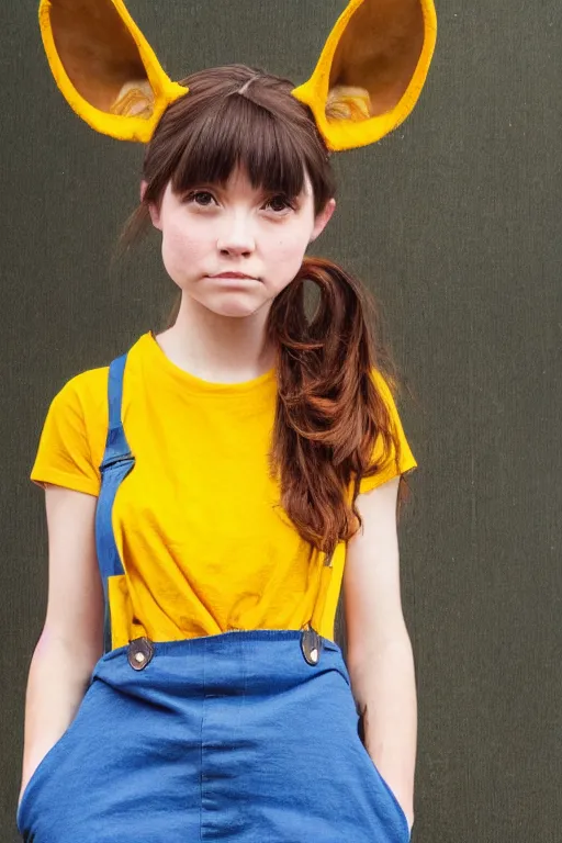Prompt: girl with brown hair, short horns, long animal ears, a yellow t - shirt and blue overalls, geisha portrait