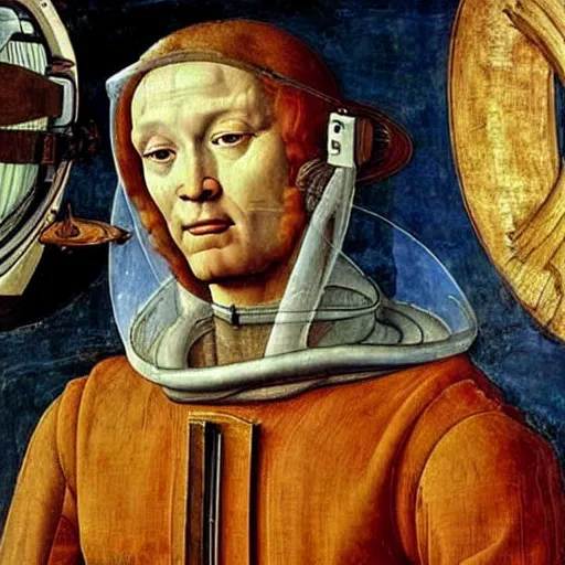 Image similar to beautiful renaissance painting portrait of an astronaut floating in space by sandro botticelli, jan van eyck, tiziano vecelli, piero della francesca