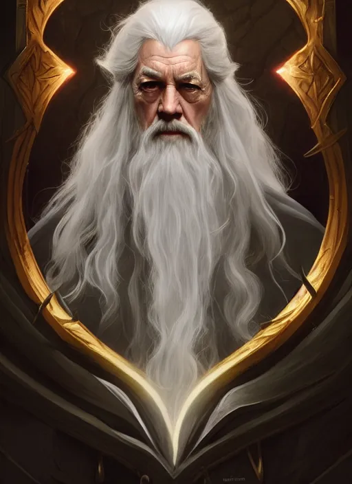 Image similar to gandalf, d & d, fantasy, intricate, elegant, highly detailed, digital painting, artstation, concept art, matte, sharp focus, illustration, hearthstone, art by artgerm and greg rutkowski and alphonse mucha