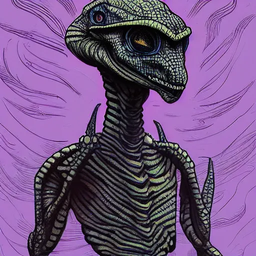 Prompt: a reptilian space alien in the style of james jean