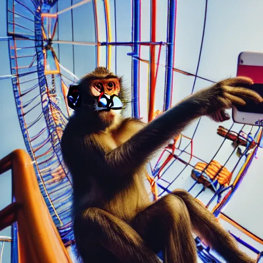 Prompt: A high-quality photo of a monkey taking a selfie on a ferris wheel on a sunny day