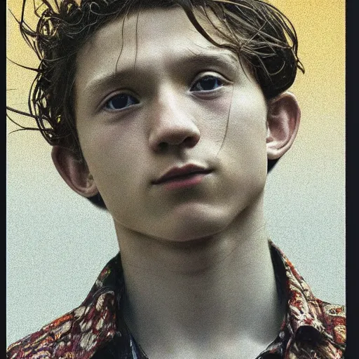 Prompt: “ tom holland portrait by ikenaga yasunari and ayana otake and ko rakusui, 6 0 s poster, drawing, realistic, sharp focus, japanese, dreamy, nostalgia, faded, golden hues, floral clothes ”