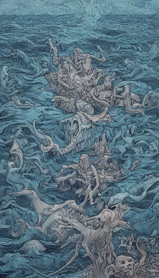 Image similar to man on boat crossing a body of water in hell with creatures in the water, sea of souls, by james jean,