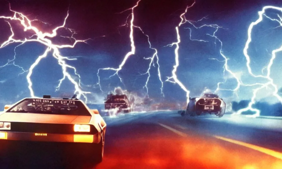 Image similar to scene from back to the future, delorean driving fast, lightning, fire, driving through portal, motion blur