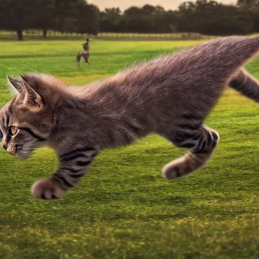 Prompt: giant kitten chasing a man through a field, photo, detailed, 4k