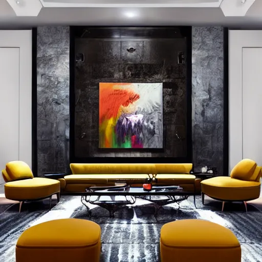 Image similar to mockup photo of luxury contemporary interior with large contemporary paintings for rich collectors, trending on pinterest, sharp hdr cinematic lighting 8 k