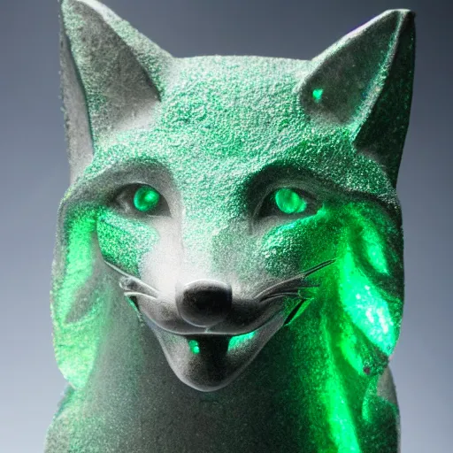 Prompt: Portrait photography of a glowing Emerald fox sculpture