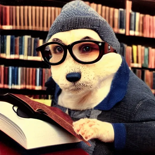 Prompt: photo of gopher with reading glasses, in a library, cinestill, 800t, 35mm, full-HD