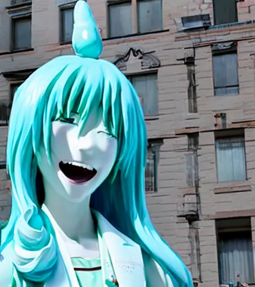 Prompt: photograph of Hatsune Miku as the Liberty Statue