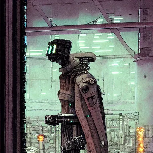 Prompt: Digital portrait of a Ghost in the machine by Enki bilal and Moebius and francois Schuiten, cyberpunk, impressive perspective, masterpiece