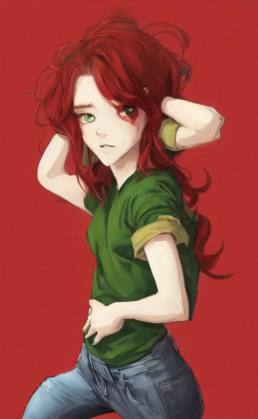 Prompt: full-body shot of an attractive tomboy girl with long, crimson red hair and red eyes, wearing a dark red shirt and green jeans with a stern look, concept art, character design, by WLOP, by Tomine, by Kon, Satoshi, by Hildebrandt