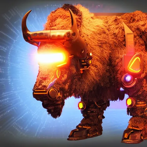 Prompt: a cybertronic bison, leds, high detail, sharp, studio, digital art