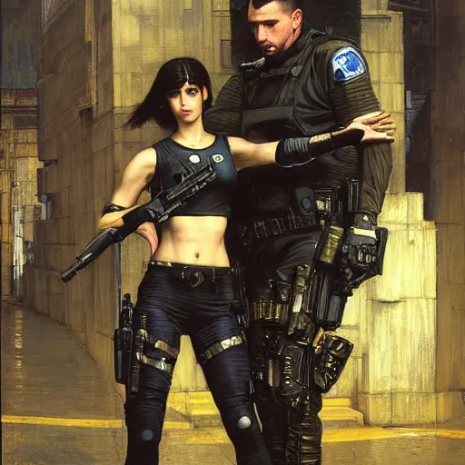 Image similar to Maria evades sgt rhodes. Cyberpunk hacker escaping Menacing Cyberpunk police trooper wearing a combat vest. (dystopian, police state, Cyberpunk 2077, bladerunner 2049). Iranian orientalist portrait by john william waterhouse and Edwin Longsden Long and Theodore Ralli and Nasreddine Dinet, oil on canvas. Cinematic, vivid colors, hyper realism, realistic proportions, dramatic lighting, high detail 4k