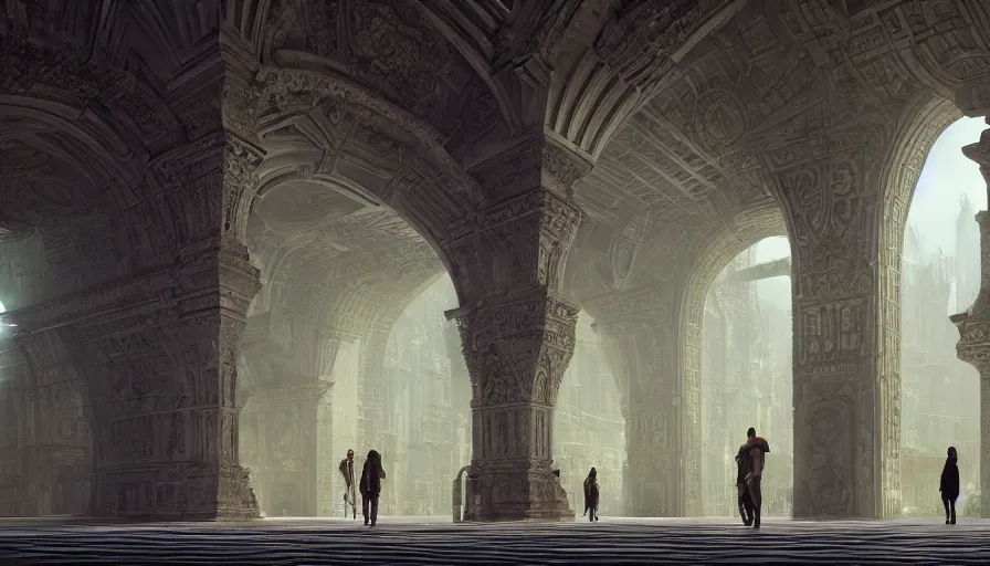 Prompt: the inside of a monument with italian motifs, by tim blandin and arthur haas and bruce pennington and john schoenherr, big windows architecture by zaha hadid, octane render, cinematic, scenery, cgsociety, modernism, futuristic, trending on artstation, sci - fi, high detail, high quality, close up angle, people walking