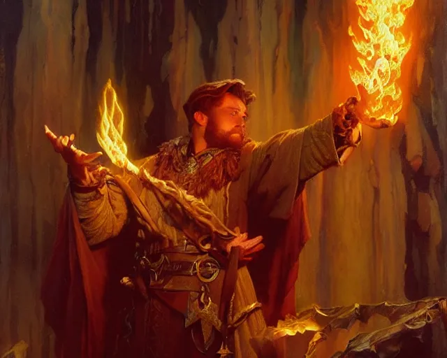 Prompt: attractive wizard casting powerful fire spell. highly detailed painting by gaston bussiere, craig mullins, j. c. leyendecker 8 k