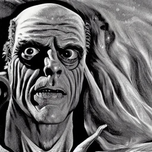 Prompt: Christopher Lloyd as Satan in retro science fiction by Kelly Freas (1960)