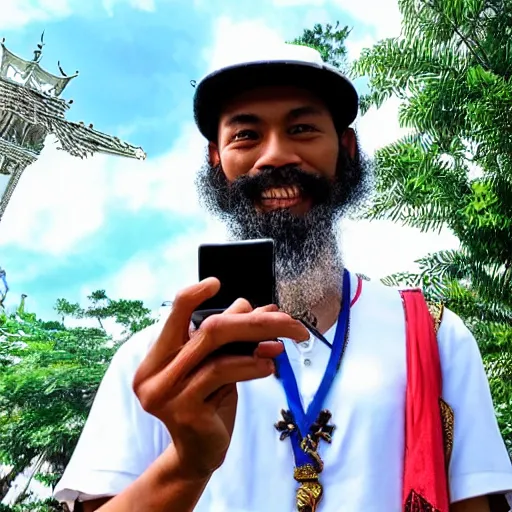 Prompt: ferdinand magellan taking a selfie at rizal park, realistic, shot on an iphone