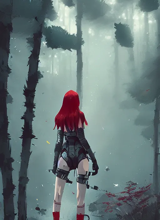 Image similar to red haired japanese girl, armored, midfigure, grey forest background, by ismail inceoglu