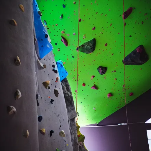 Image similar to looking up at a dirty light green bouldering wall with brightly colored holds and volumes, holds and volumes made of human faces, iso, mm, octane,