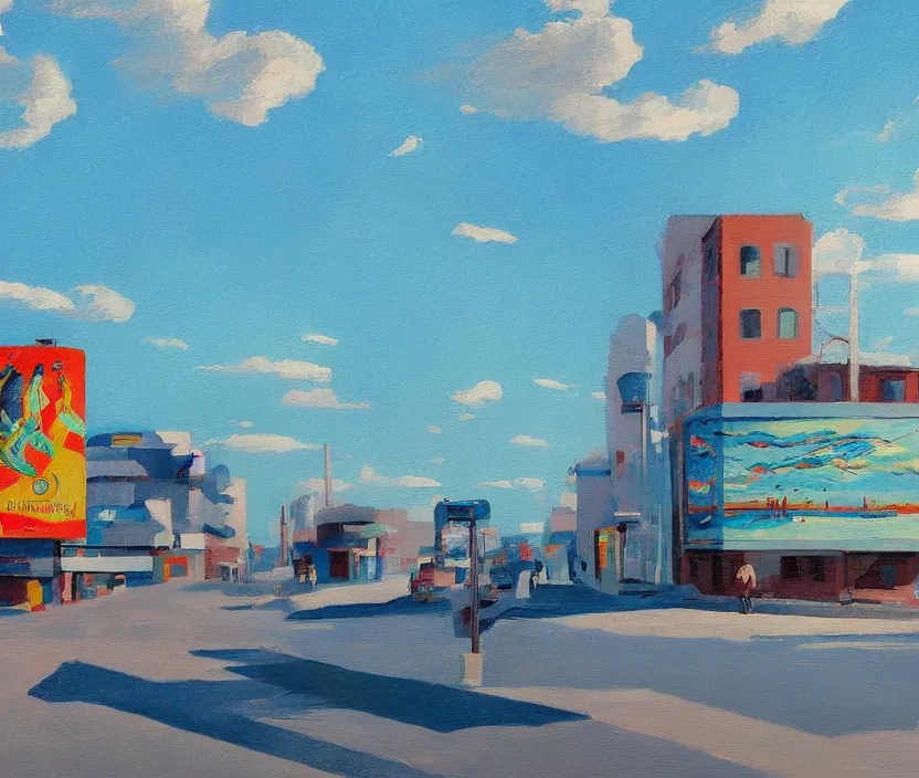 Prompt: a very detailed painting of one ad billboard, baby blue sky with very aesthetic stylized clouds, in the style of edward hopper and kandinsky, very small brushstrokes, 4 k,