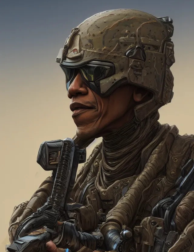 Image similar to a portrait of barack obama wearing tactical combat desert camouflage gear, by moebius and tyler edlin and hr giger, trending on artstation, digital art, 4 k resolution, detailed, high quality, sharp focus, hq artwork, coherent, insane detail, concept art