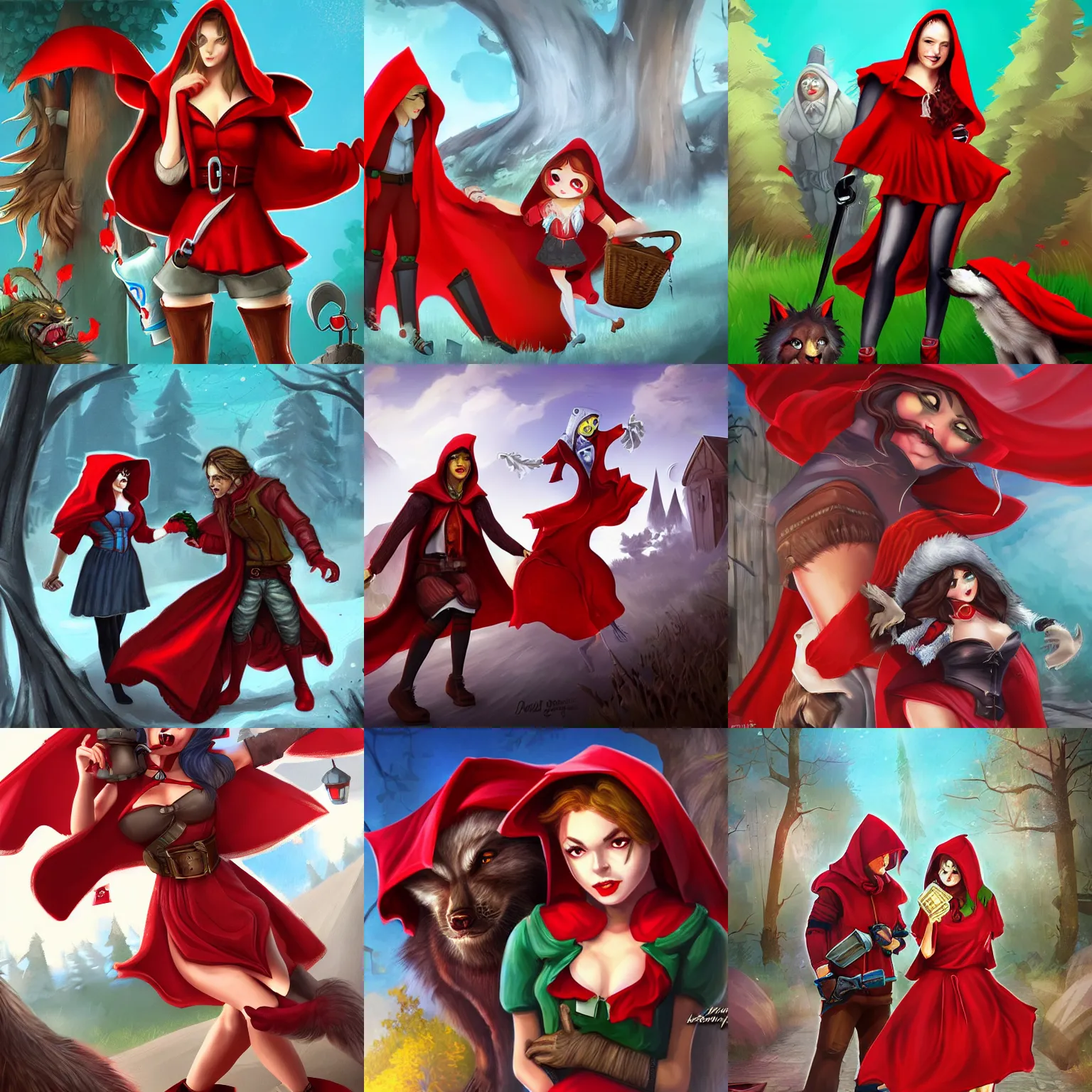 Prompt: Little Red Riding Hood and the Big Bad Wolf team up for a heist, fantasy splash art by Sasha Beliaev