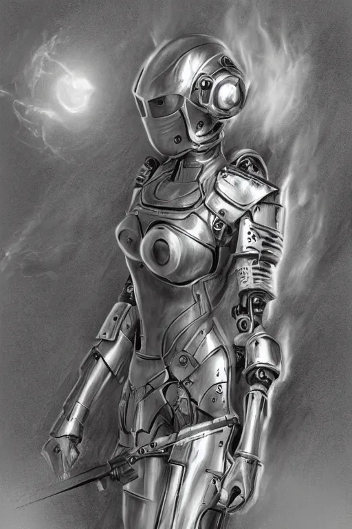 Image similar to pencil drawing, fantasy futurism, medieval female knight with cybernetic implants and modern devices