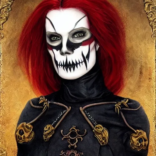 Prompt: ginger woman with skull facepaint and gold eyes, gothic, alphonse much and gerald brom, short red hair, black cloak, claymore sword