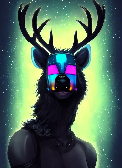 Image similar to award winning beautiful portrait commission of a male furry anthro Black Reindeer cyberpunk fursona with a tail, wings, wings, wings and a cute beautiful attractive detailed furry face wearing stylish black and rainbow galaxy clothes, outline, in a cyberpunk city at night while it rains. Character design by charlie bowater, ross tran, artgerm, and makoto shinkai, detailed, inked, western comic book art