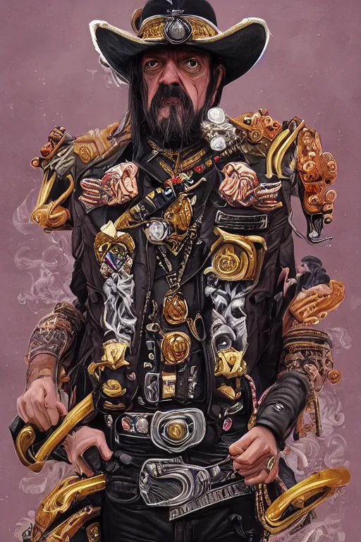 Prompt: motorhead Lemmy portrait, in style of Midjourney, stylized, detailed and intricate, elegant, ornate, powerful, elite, haunting, beautiful digital painting, cinematic, cgsociety, Jama Jurabaev, James jean, Noah Bradley, Darius Zawadzki, vivid colors and vibrant outlines