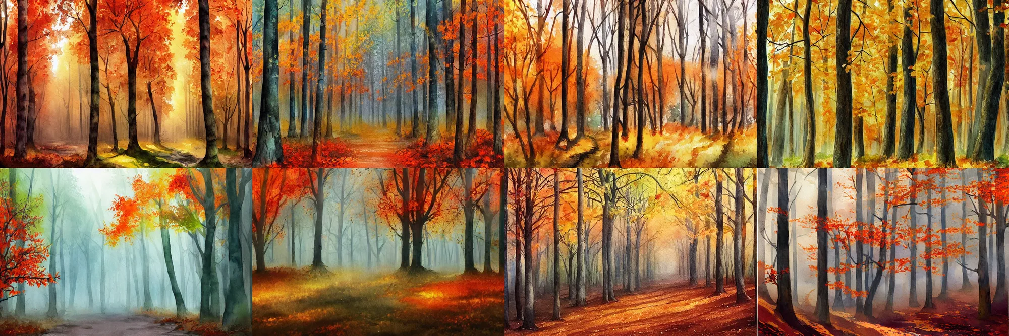 Prompt: Autumn forest, high quality watercolors, award winning, trending on ArtStation