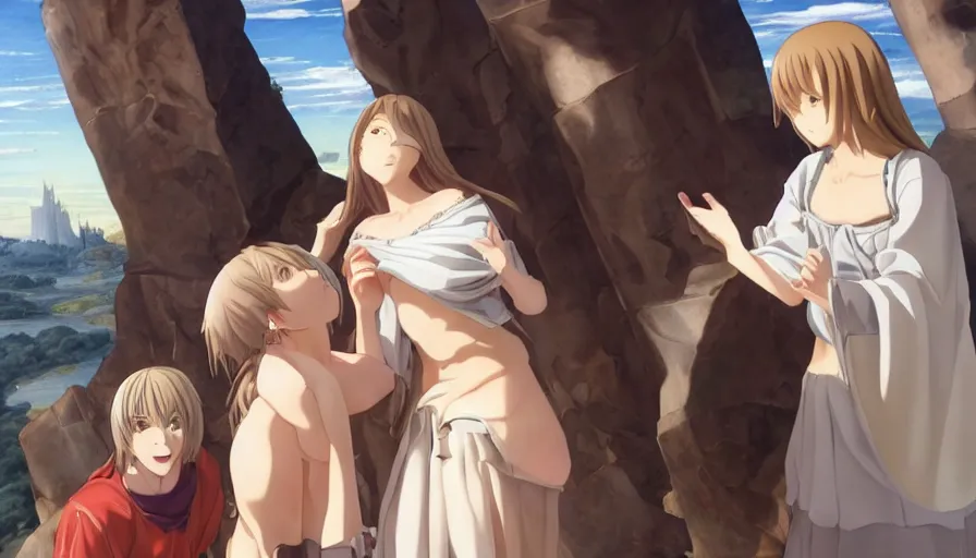 Image similar to jesus christ our lord and savior blessing a cute anime girl, photorealistic, anime, mini skirt, renaissance painting, hyper real, detailed, wide angle shot