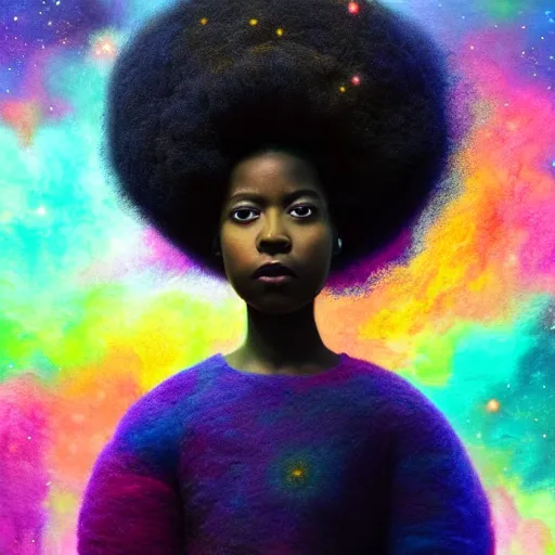 Image similar to a black girl with big beautiful eyes and a colorful afro sitting on a nebula cloud throne, bright colors, synthwave, watercolor, volumetric wool felting, felt, macro photography, children illustration, global illumination, radiant light, detailed and intricate environment, by goro fujita, bokeh!!!!