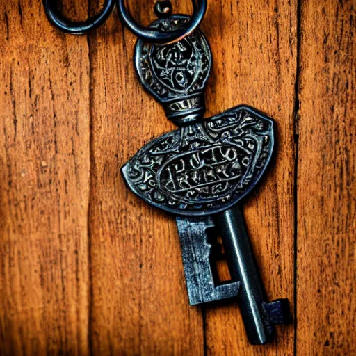 Prompt: a large ornate key with gems and engraved runes, on a rough wooden dungeon table, very dark, d & d, underexposed macro photo