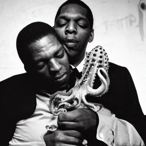 Image similar to john coltrane hugging and kissing an octopus