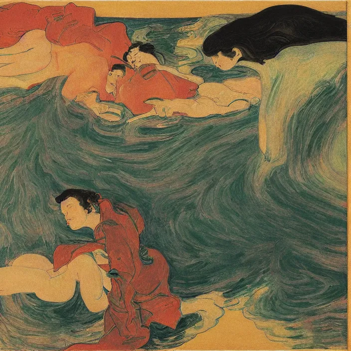 Image similar to shunga scene with turbulent river. painting by munch, agnes pelton, egon schiele, henri de toulouse - lautrec, utamaro, monet