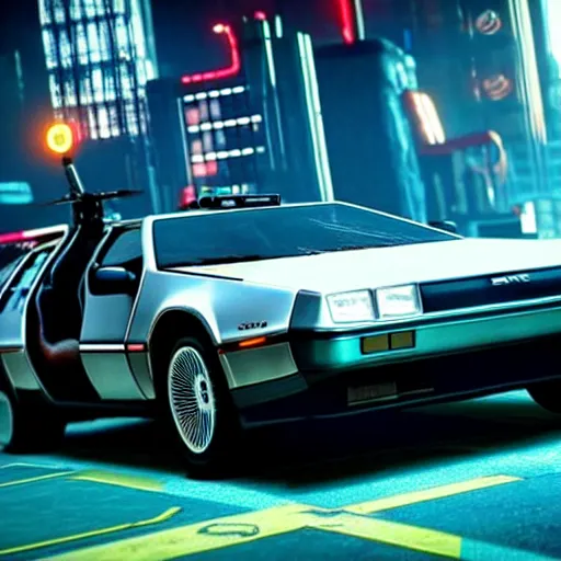 Prompt: flying dmc 1 2 delorean in cyberpunk 2 0 7 7