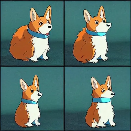 Image similar to the most adorable corgi, smiling, happy, cute, scene from an anime by studio ghibli, hayao miyazaki, spirited away