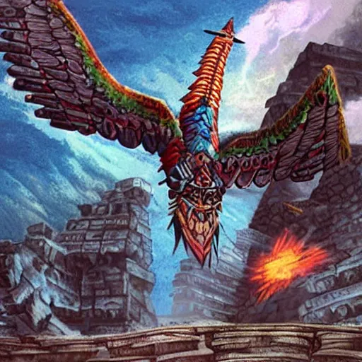 Prompt: : cinematic quetzalcoatl battling monsters on top of a pyramid