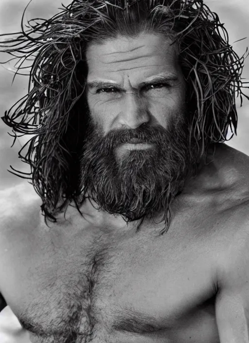 Prompt: portrait of a herculean man with brown hair, style of god of war, swarm of sand, intricate, elegant, highly detailed, smooth, sharp focus, photo by herb ritts, 8 k