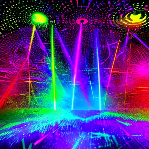 Image similar to rave party with colorful lasers and lighting, digital art