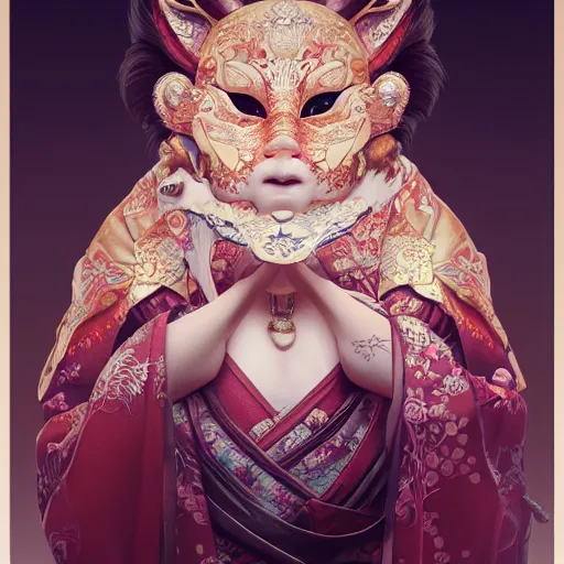 Image similar to a photorealistic dramatic fantasy render of a beautiful woman wearing a beautiful intricately detailed japanese monkey kitsune mask and clasical japanese kimono by wlop, artgerm, greg rutkowski, alphonse mucha, beautiful dynamic dramatic dark moody lighting, shadows, cinematic atmosphere, artstation, concept design art, octane render, 8 k