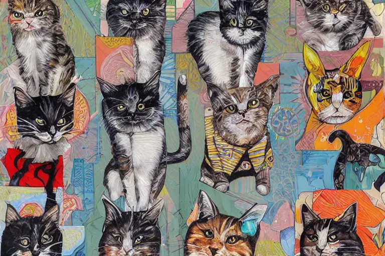 Prompt: a group of cat by Sandra Chevrier, colorful geometric pattern