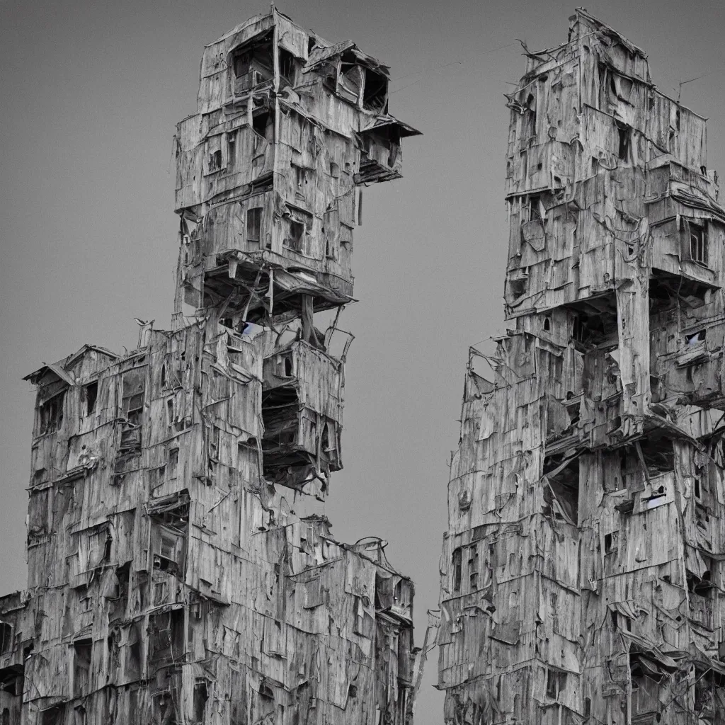 Image similar to close - up view of a large tower, made up of suspended makeshift squatter shacks, faded colours, neutral sky, dystopia, canon 5 d markiii, very detailed, ultra sharp, photographed by ansel adams